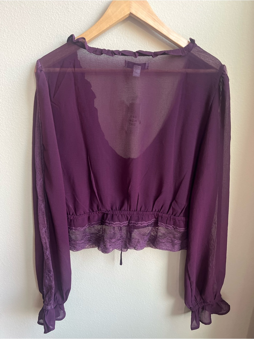 And Now This Women's Plum Sheer Lace Ruffle-Trim Crop Top Long Puff Sleeves - Picture 3 of 6